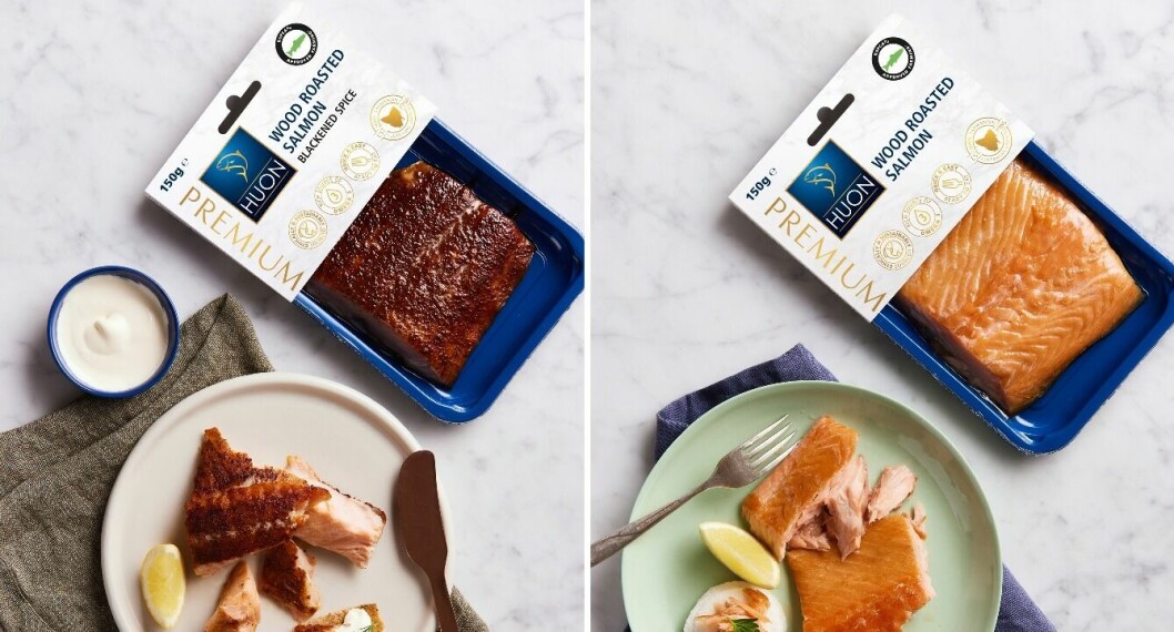 Huon's Premium Wood Roasted Salmon Blackened Spice Hot Smoked Salmon, left, was one of two products awarded gold, and its Premium Wood Roasted Salmon, right, took silver. Photos: Huon.