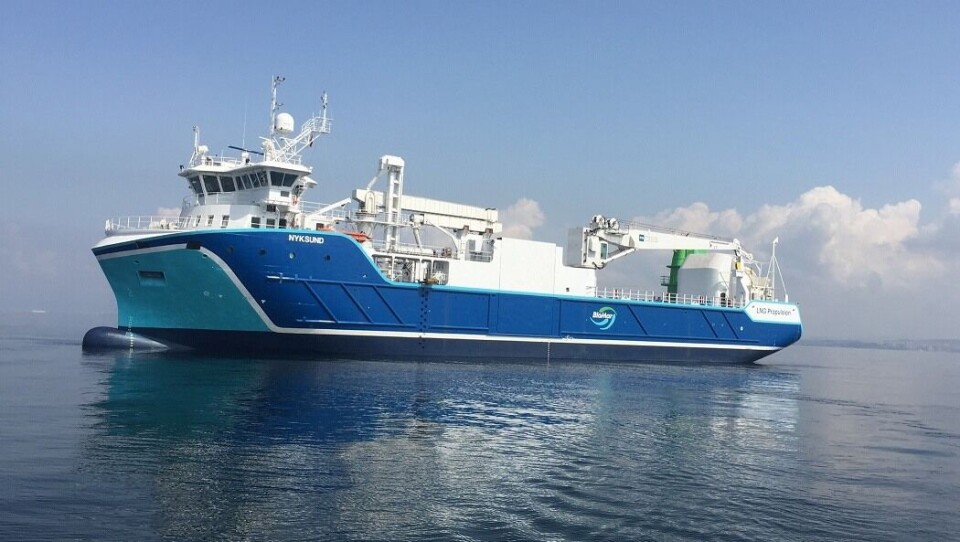 BioMar already uses LNG-powered ships such as the Nyksund, pictured, and will soon add the electric hybrid Kryssholm. Image: BioMar. BioMar already uses LNG-powered ships such as the Nyksund, pictured, and will soon add the electric hybrid Kryssholm. Image: BioMar.
