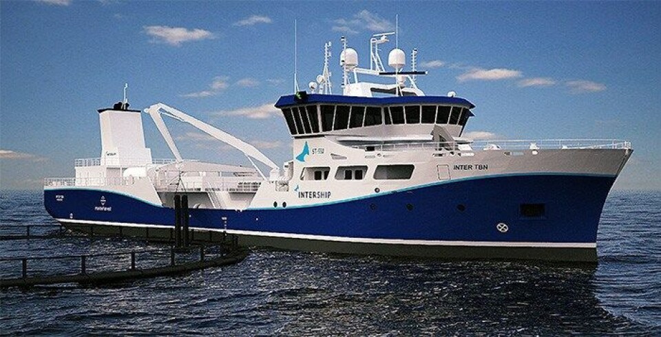 Marine Harvest's wellboat Inter Caledonia is due to have a reverse osmosis system fitted to allow it to convert saltwater to freshwater for AGD and lice treatments. Image by Intership.