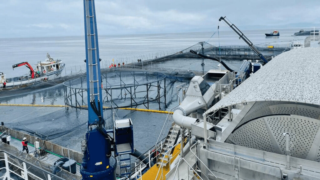 The Owurkan next to Camanchaca salmon pens in Chile. The helix is seen on the right of the picture. Photo: SalmoClinic. The Owurkan next to Camanchaca salmon pens in Chile. The helix is seen on the right of the picture. Photo: SalmoClinic.