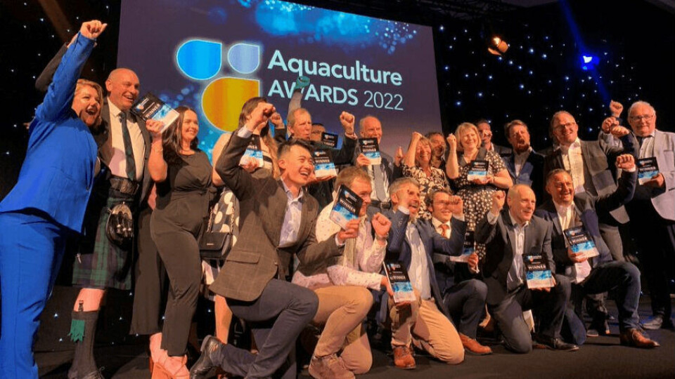 The winners and runners-up celebrate at the Aquaculture Awards 2022, held in Aviemore last night. Photo: Diversified UK.