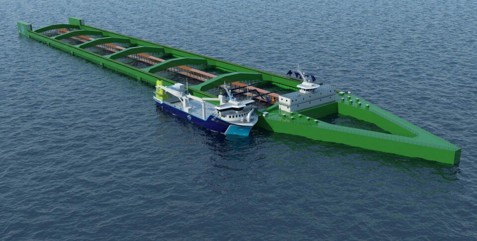 Despite its considerable length at 70 metres, the vessel Høydal is dwarfed by Nordlaks’ 430m Havfarm. Photo: NSK Ship Design