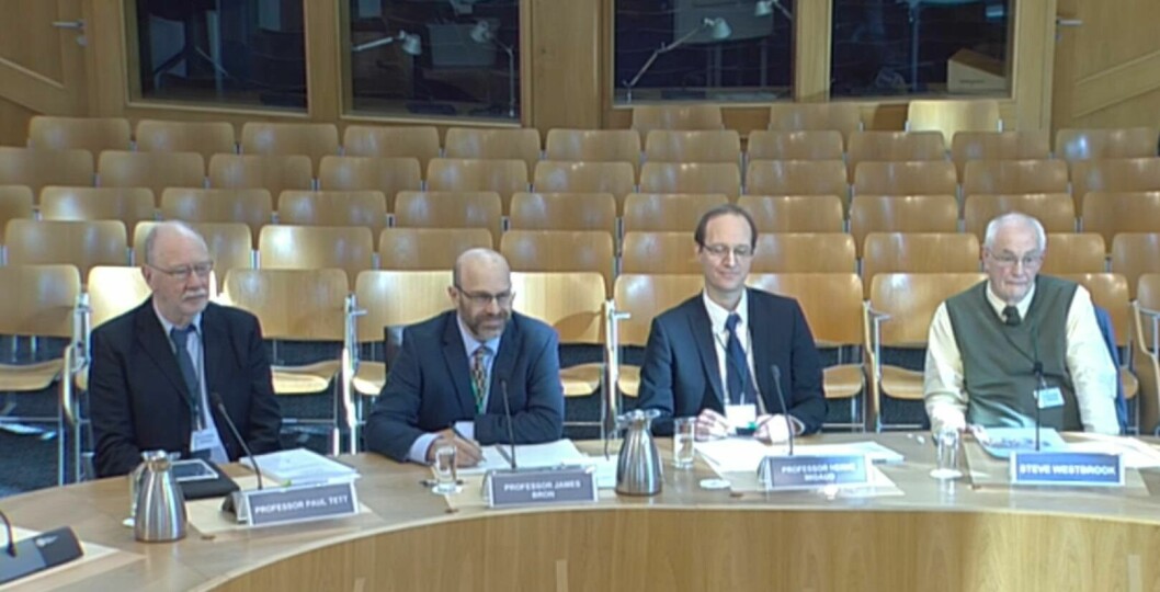 From left, Paul Tett, James Bron, Herve Migaud and Steve Westbrook give evidence at Holyrood. Photo: Scottish Parliament TV