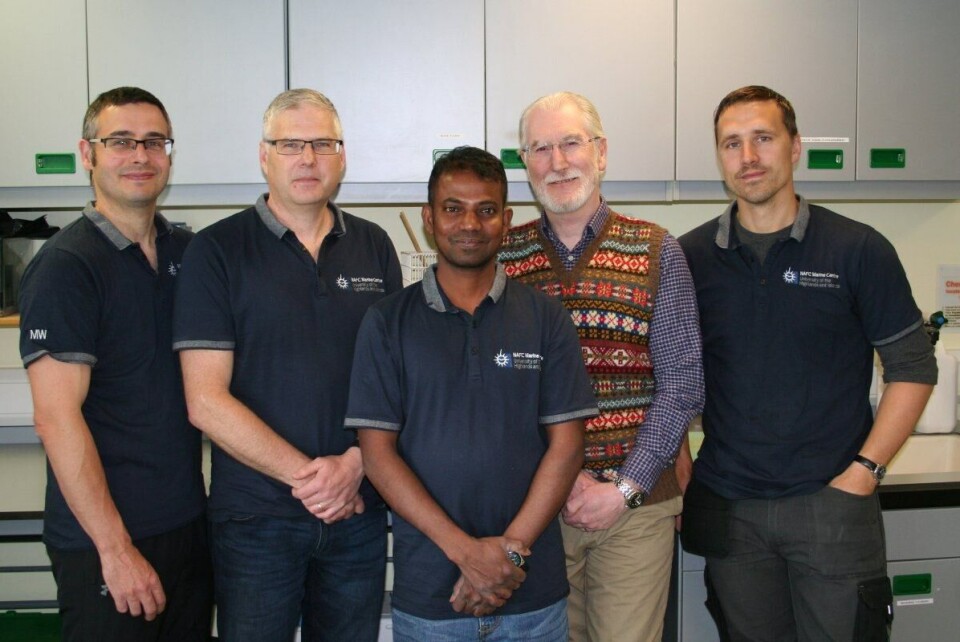 NAFC's aquaculture training team. From left: Mathew Wright, Stuart Ftitzsimmons, Saro Saravanan, Duncan Kidson and Laurence Pearson. Photo: NAFC