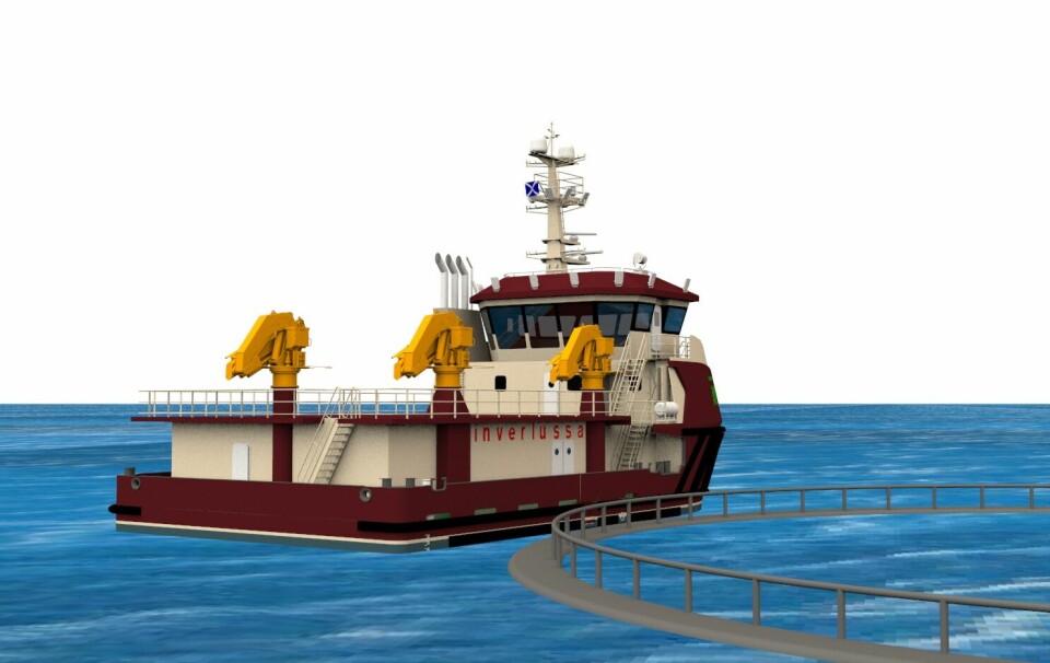 Illustration of one of two new hybrid-power aquaculture service vessels ordered by Inverlussa Marine Services from Nauplius Workboats. Click image to enlarge.