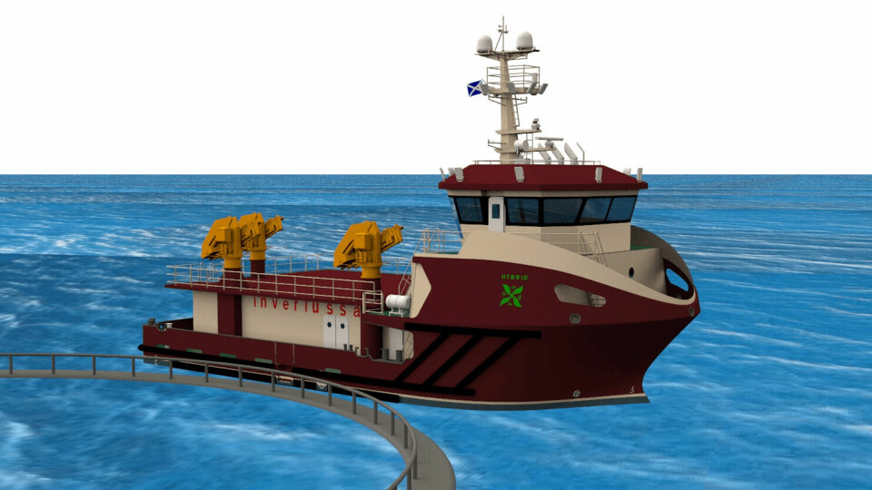 Illustration of one of two new hybrid-power aquaculture service vessels ordered by Inverlussa Marine Services. The vessels will have azimuth propulsion and dynamic positioning. Image: Inverlussa..
