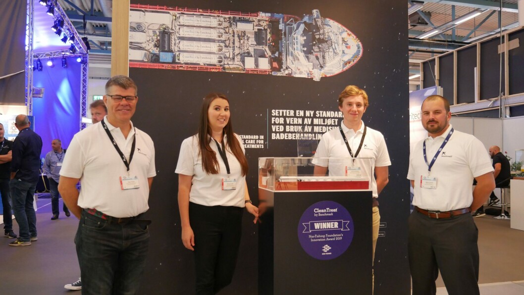 Benchmark staff at Trondheim in 2019, where the company's CleanTreat technology won the Innovation Award. Photo: FFE. Benchmark staff at Trondheim in 2019, where the company's CleanTreat technology won the Innovation Award. Photo: FFE.