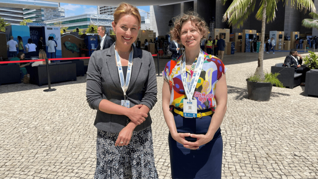 Aker BioMarine sustainability director Ragnhild Dragøy, left, and AWR board chair Claire Christian at the UN Ocean Conference in Lisbon, where the company announced its continued support for Antarctic research. Photo: Aker BioMarine.