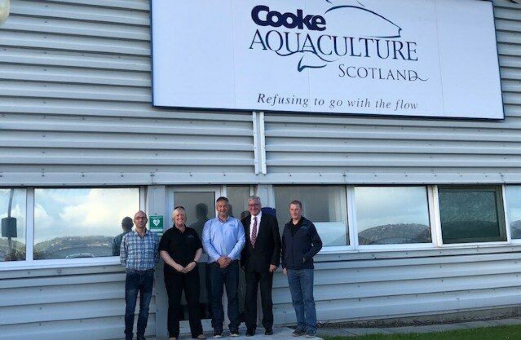 Fergus Ewing, second from right, with, from left, Cooke employees Christopher Webb, environmental and development manager; Vicci Laird, head of HR; Stewart Rendall, Westray/East Skelwick manager); Robert Peterson, Orkney area manager. Fergus Ewing, second from right, with, from left, Cooke employees Christopher Webb, environmental and development manager; Vicci Laird, head of HR; Stewart Rendall, Westray/East Skelwick manager); Robert Peterson, Orkney area manager.