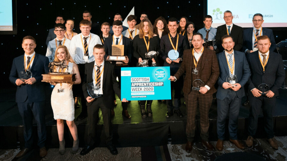 The winners of the Lantra Scotland ALBAS from 2020. The Aquaculture Learner of the Year award was won by Grieg's John MacPherson, front left, with Scottish Sea Farms employee Jimmy Dakin, front, third from right, the runner-up. Dawnfresh assistant site manager Valentina Romano won the Higher Education Leaner of the Year award, and was one of four people to be given an award by CARAS. Last year's awards ceremony was held online. Photo: Lantra Scotland.