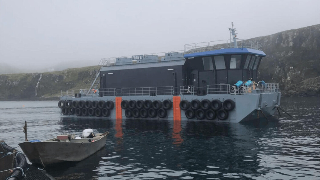 Kames' new feed barge in position at Loch Pooltiel. The barge brings several benefits for the Kilmelford-based farmer. Photo: Kames. Kames' new feed barge in position at Loch Pooltiel. The barge brings several benefits for the Kilmelford-based farmer. Photo: Kames.