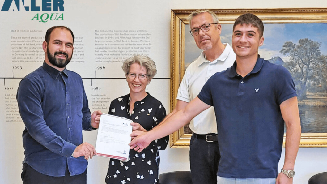 From left: Odyssefs Papagiannidis of Bureau Veritas with Aller Aqua group quality manager Mette Rindom Nørrelykke, purchaser Mikael Ridstrøm Lauridsen and purchase student assistant Odysseas Negkas. Photo: Aller Aqua. From left: Odyssefs Papagiannidis of Bureau Veritas with Aller Aqua group quality manager Mette Rindom Nørrelykke, purchaser Mikael Ridstrøm Lauridsen and purchase student assistant Odysseas Negkas. Photo: Aller Aqua.