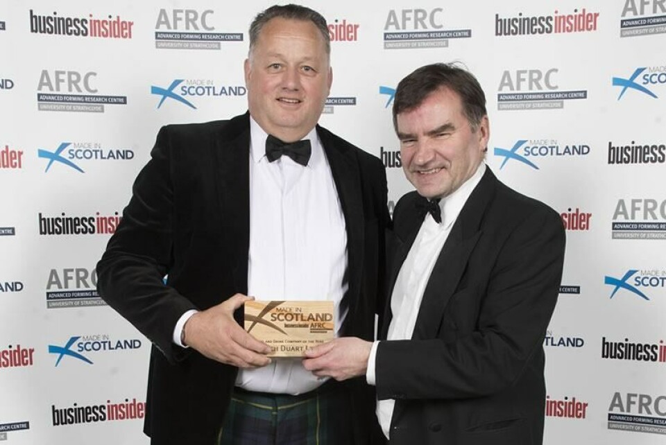First of many? Loch Duart MD, Alban Denton, left, receives the Food and Drink Company of the Year award at the Scottish Business Insider’s awards in April.