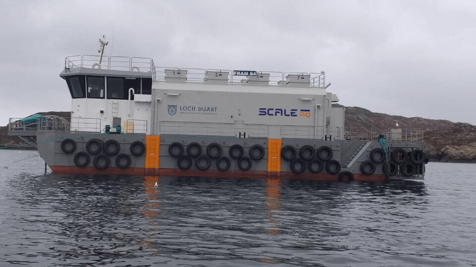 A hybrid-power feed barge in use by salmon farmer Loch Duart. The industry 'is light years from the cottage industry that emerged on the west coast more than 50 years ago', says Salmon Scotland chief executive Tavish Scott. Photo: Loch Duart.