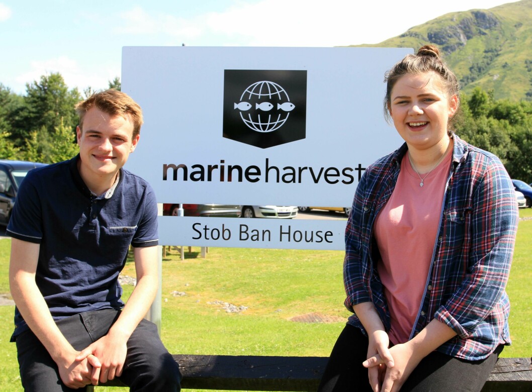 Tommy Chisholm, 16, and Emily Connolly, 18, have joined Marine Harvest as apprentices. Photo: MH Scotland