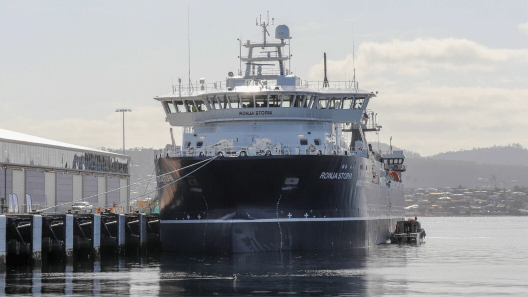 The Ronja Storm moored at Hobart port after a journey of more than 50 days from Norway. Photos: Huon Aquaculture.