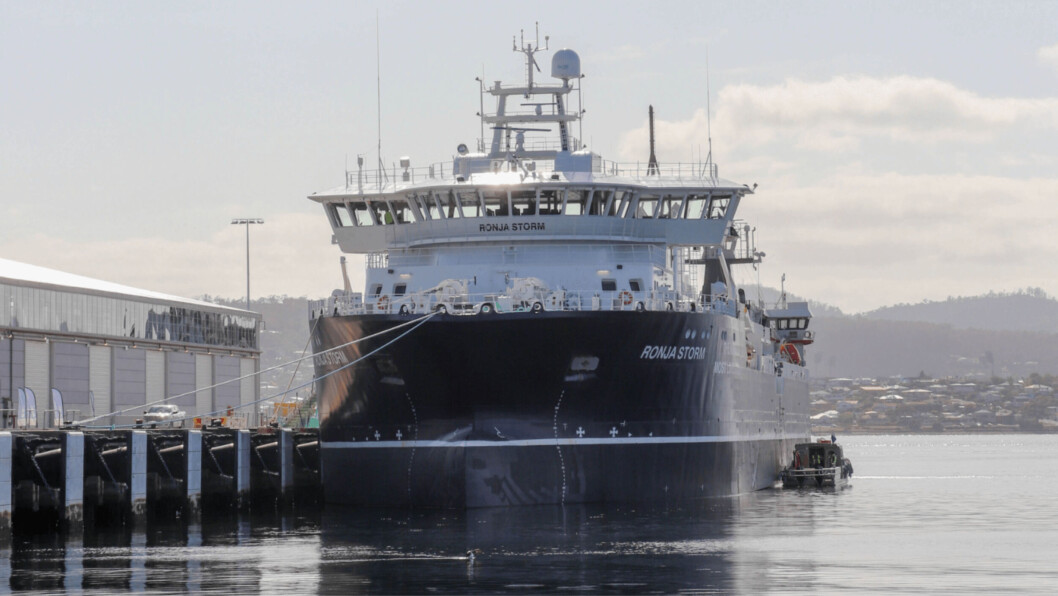 The Ronja Storm moored at Hobart port after a journey of more than 50 days from Norway. Photos: Huon Aquaculture. The Ronja Storm moored at Hobart port after a journey of more than 50 days from Norway. Photos: Huon Aquaculture.