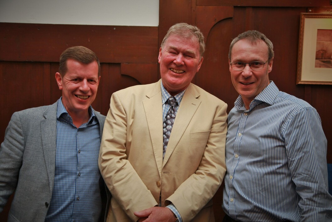Scottish Sea Farms veteran, Geoff Kidd, centre, with MD Jim Gallagher, left, and production manager John Rea. Photo: SSF Scottish Sea Farms veteran, Geoff Kidd, centre, with MD Jim Gallagher, left, and production manager John Rea. Photo: SSF