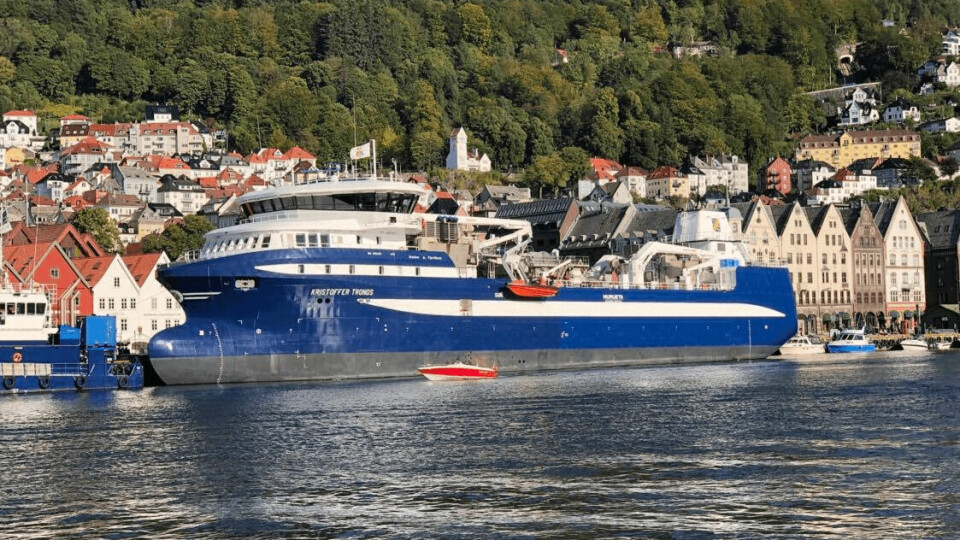 The wellboat 'Kristoffer Tronds' was finally christened in Bergen on Saturday. Photo: Ole Andreas Drønen. Video: Alsaker Fjordbruk.