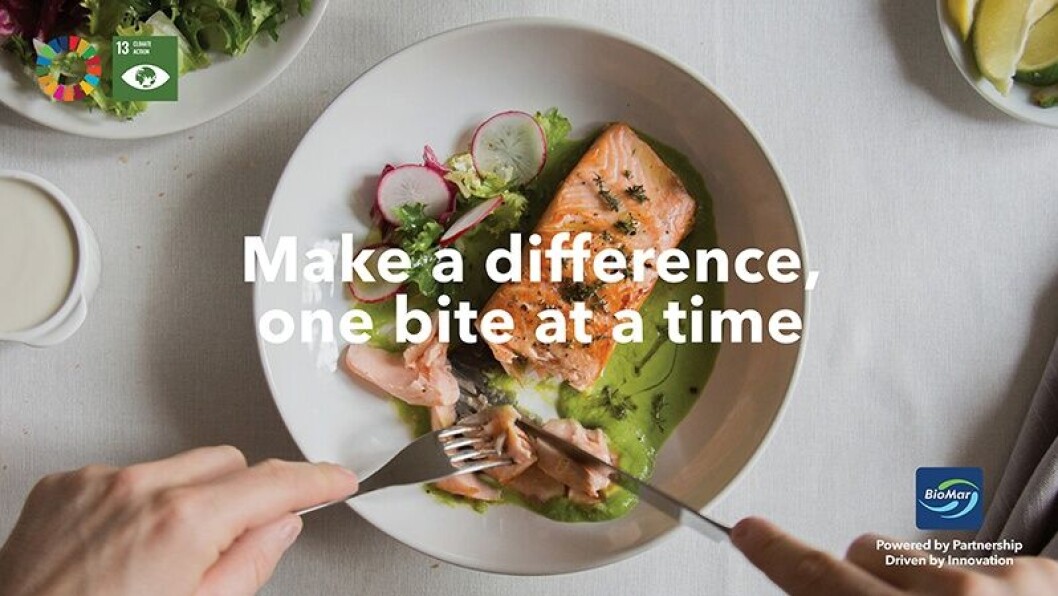 BioMar's campaign is intended to show that eating seafood is a simple way to be more sustainable. Photo: BioMar. BioMar's campaign is intended to show that eating seafood is a simple way to be more sustainable. Photo: BioMar.