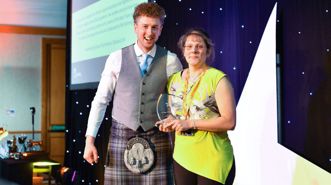 Sheep farming social media personality Cammy Wilson presents Dawnfresh Farming employee Emmanuelle Rey with the Aquaculture Learner of the Year trophy at Lantra Scotland’s ALBAS ceremony in March. Sheep farming social media personality Cammy Wilson presents Dawnfresh Farming employee Emmanuelle Rey with the Aquaculture Learner of the Year trophy at Lantra Scotland’s ALBAS ceremony in March.
