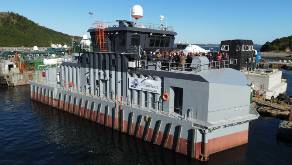 The inauguration of the Camanchaca XXX, the company's most sophisticated feed barge. Photo: Camanchaca / Sitecna.