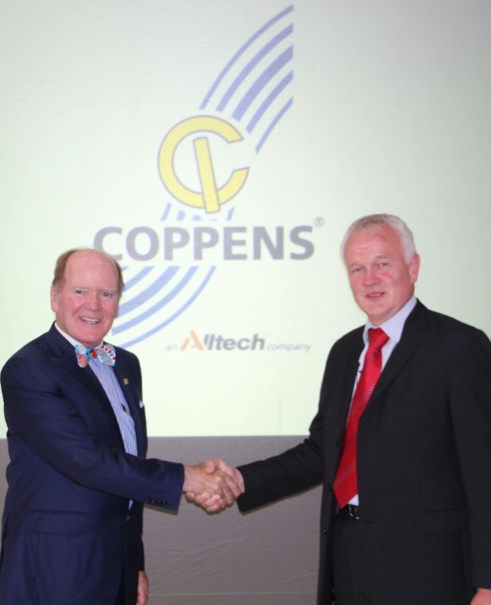 Anno Galema, managing director of Coppens International (right), with Dr. Pearse Lyons, Alltech founder and president (left), celebrating Alltech's completed acquisition of Coppens International, a leading European aquaculture solutions and nutrition company.