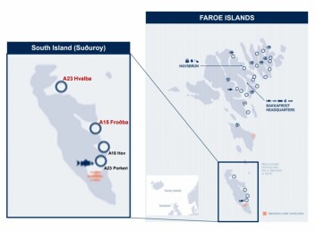 The two sites (named in red) damaged during a severe four-day storm. Significant mortality was caused by ground swell at A15. Click on image to enlarge. Graphic: Bakkafrost. The two sites (named in red) damaged during a severe four-day storm. Significant mortality was caused by ground swell at A15. Click on image to enlarge. Graphic: Bakkafrost.