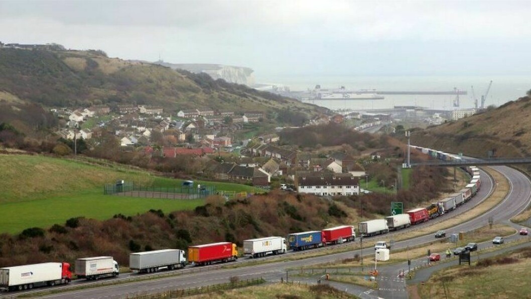 Lorries queue outside Dover. Photo: BBC / PA.
