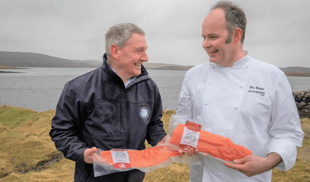 Stuart Witts, SSC's area manager for Loch Roag, and French chef Eric Brujan with SSC's vacuum-packed salmon fillets during Brujan's visit to Scotland before the Covid-19 pandemic. Photo: SSC.