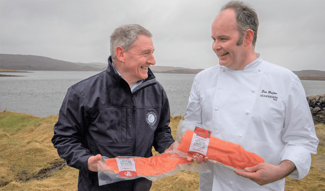Stuart Witts, SSC's area manager for Loch Roag, and French chef Eric Brujan with SSC's vacuum-packed salmon fillets during Brujan's visit to Scotland before the Covid-19 pandemic. Photo: SSC. Stuart Witts, SSC's area manager for Loch Roag, and French chef Eric Brujan with SSC's vacuum-packed salmon fillets during Brujan's visit to Scotland before the Covid-19 pandemic. Photo: SSC.