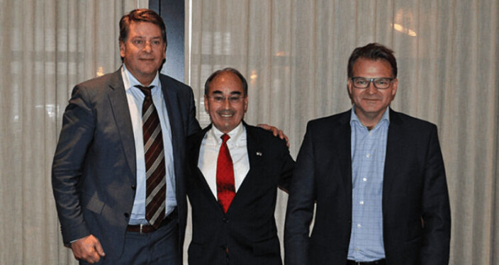 Former Nordic chairman Lars-Henrik Røren, left, and Erik Heim, right, with Congressman Bruce Poliquin at the announcement of Nordic's planned salmon farm in Belfast in February 2018. Heim is now looking at smaller projects. Former Nordic chairman Lars-Henrik Røren, left, and Erik Heim, right, with Congressman Bruce Poliquin at the announcement of Nordic's planned salmon farm in Belfast in February 2018. Heim is now looking at smaller projects.