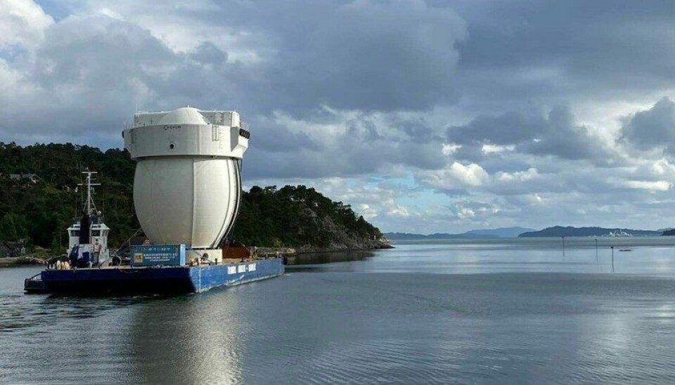 The pilot version of the Egg, owned by Ovum AS, at the beginning of its 600 km journey north to the site where it was stocked with fish. Two cycles of fish were grown to the post-smolt by Prophylaxia, which has now bought its own Egg.