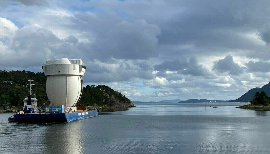 The MiniEgg, owned by Hauge Aqua subsidiary Ovum AS, begins its 600km journey north to the site where it will be stocked with fish. Photo: Herde Kompositt. The MiniEgg, owned by Hauge Aqua subsidiary Ovum AS, begins its 600km journey north to the site where it will be stocked with fish. Photo: Herde Kompositt.