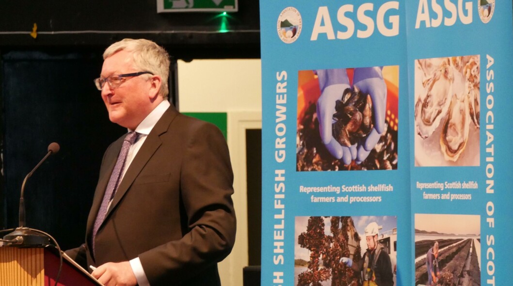 Cabinet Secretary for the Rural Economy and Connectivity Fergus Ewing speaks at the ASSG conference in Oban. Photo: Fish Farming Expert. Cabinet Secretary for the Rural Economy and Connectivity Fergus Ewing speaks at the ASSG conference in Oban. Photo: Fish Farming Expert.