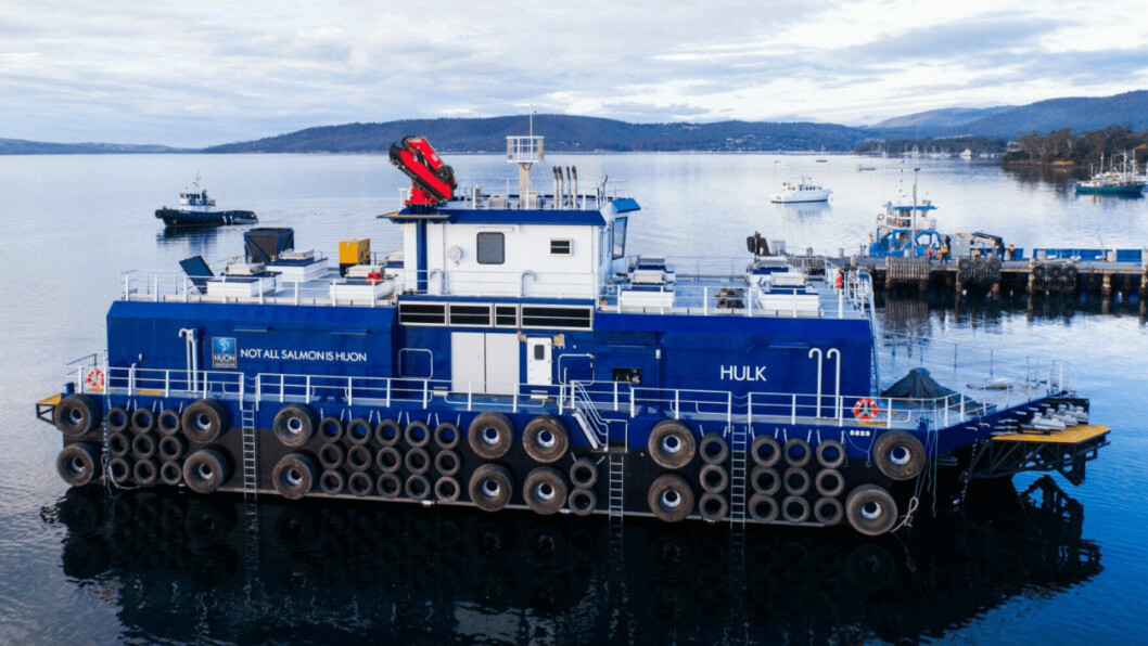 The Hulk is Huon's second 600-tonne feed barge and will be used in Storm Bay. Photos: Huon Aquaculture.