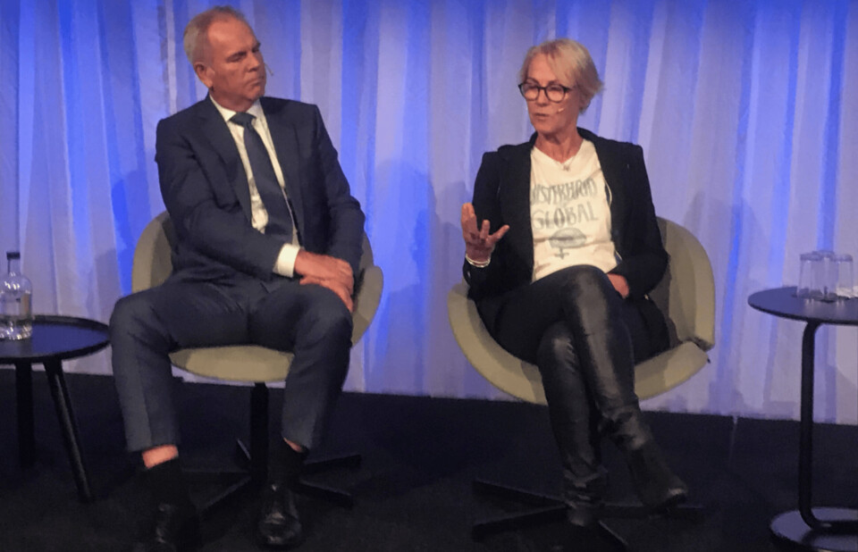 Ole-Eirik Lerøy and Elisabeth Grieg share the stage during The Ocean 2019 conference in Bergen. Photo: Sigbjørn Larsen.