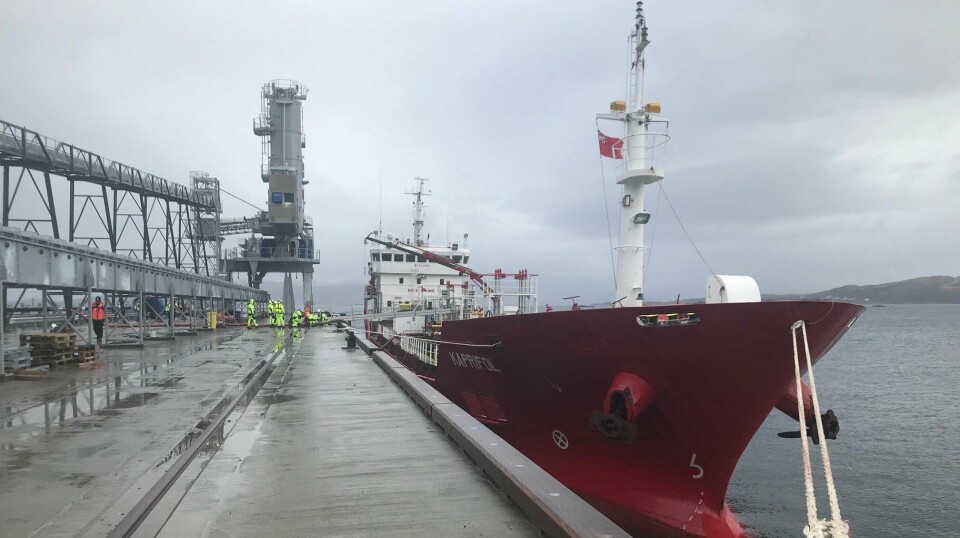 File photo of a cargo vessel, the MT Kaprifol, moored beside the purpose-built pier at Mowi Scotland's Kyleakin feed plant. Mowi is examining whether to sell its feed plants in Norway and Scotland but will continue to receive feed from them.
