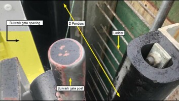 The bulwark post of the Beinn Na Caillich and the D-fenders of the feed barge. Click on image to enlarge. Photo: MAIB. The bulwark post of the Beinn Na Caillich and the D-fenders of the feed barge. Click on image to enlarge. Photo: MAIB.