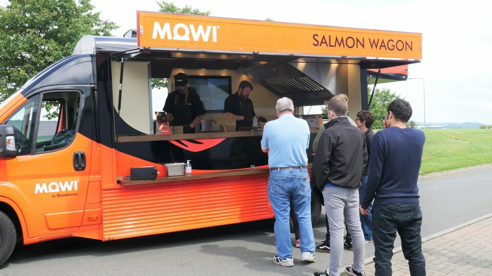 Staff at Mowi's secondary processing plant at Rosyth are served lunch from the Salmon Wagon. Photo: Fish Farming Expert.