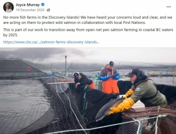 Joyce Murray's Facebook post from December 19, 2020, celebrating the decision to close 19 salmon farms. Joyce Murray's Facebook post from December 19, 2020, celebrating the decision to close 19 salmon farms.