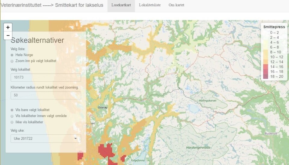 App showing infection pressure along the Norwegian coast released today by the NVI. Source: Screen shot.
