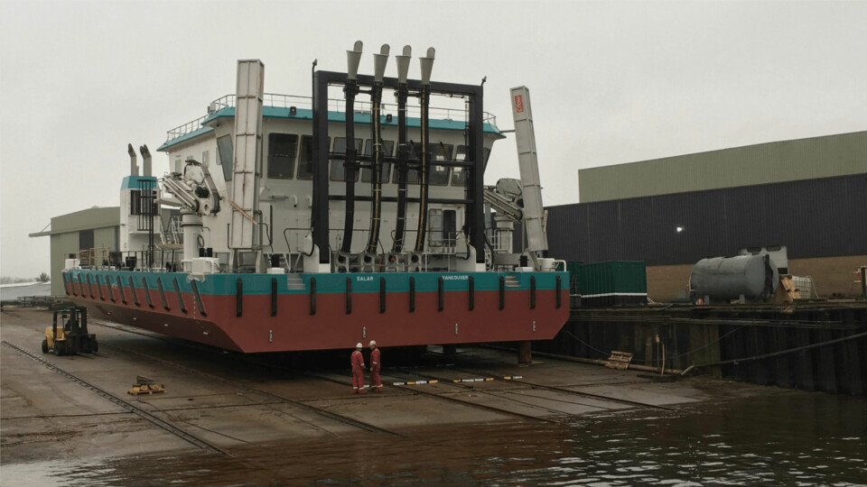 The Euro Special Purpose Pontoon, fitted with four Hydrolicer lines, seen at Neptune's Aalst yard. Photo: Neptune Marine.
