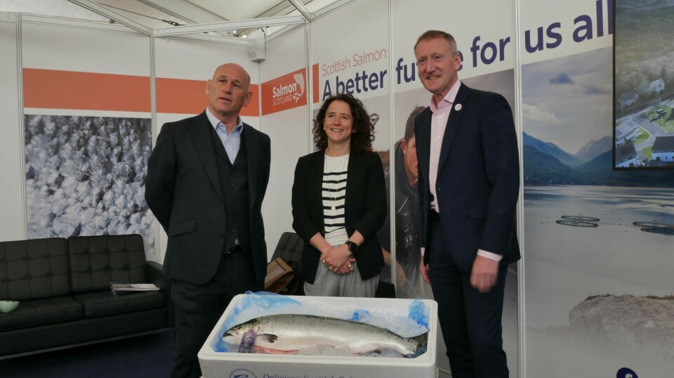 From left: Salmon Scotland chair Atholl Duncan, Mairi Gougeon, and Tavish Scott with a Wester Ross Salmon fish at the Aquaculture UK trade show held in Aviemore last year.