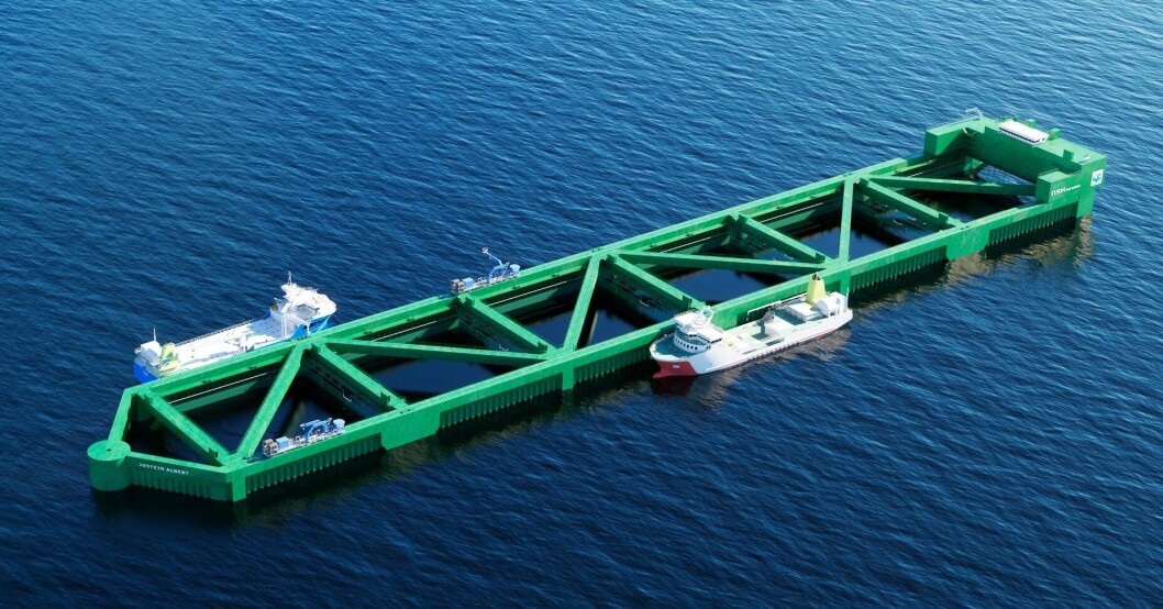 The Havfarm will have cranes running on rails on each side of the six large pens. Image: Lars Fredrik Martinussen The Havfarm will have cranes running on rails on each side of the six large pens. Image: Lars Fredrik Martinussen