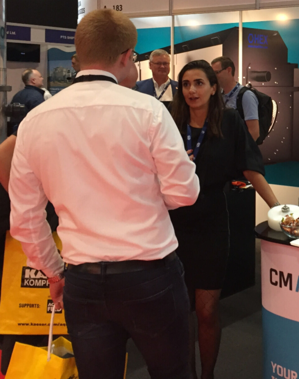 Camilla Cetinkaya explaining CM Aqua's technology at a trade show. Photo: CM Aqua.