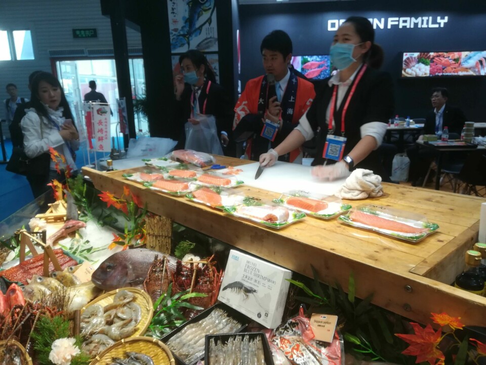 A trade booth at the China Fisheries and Seafood Expo in Qingdao in October 2019. Chinese consumers value freshness, says Malcorps, but traders don't use the term at booths because the Mandarin characters for seafood already contain the word ‘fresh’.
