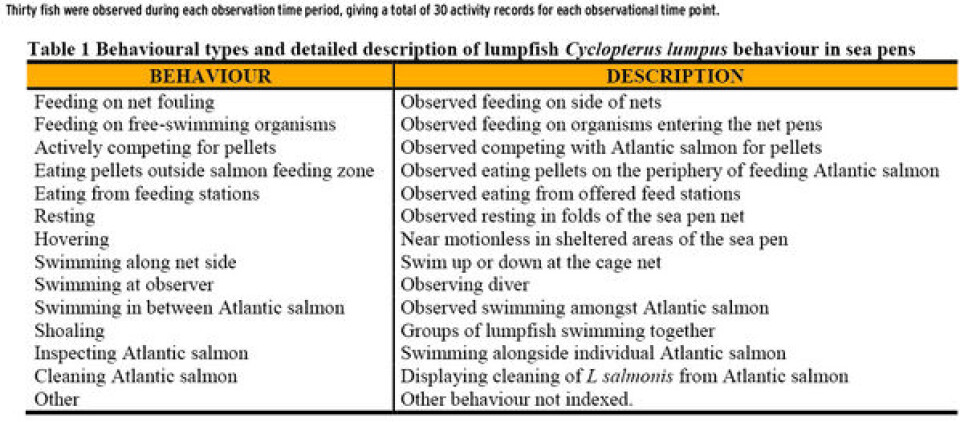 Notes on the behaviour of lumpfish (Cyclopterus lumpus L.) in sea pens with Atlantic salmon present