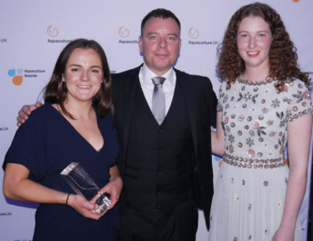 Most Promising New Entrant winner Clara McGhee, left, a farm technician at Mowi's Muck site, with Mowi Scotland managing director Ben Hadfield and the company's Loch Alsh site manager Hendal Hunter, who was also nominated. Click on image to enlarge. Photo: FFE. Most Promising New Entrant winner Clara McGhee, left, a farm technician at Mowi's Muck site, with Mowi Scotland managing director Ben Hadfield and the company's Loch Alsh site manager Hendal Hunter, who was also nominated. Click on image to enlarge. Photo: FFE.