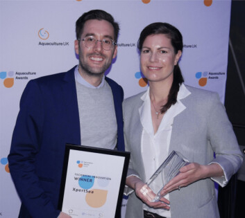 XpertSea chief revenue officer Mikael Lefebvre and co-founder and chief executive Valérie Robitaille with their award. Click on image to enlarge. Photo: FFE. XpertSea chief revenue officer Mikael Lefebvre and co-founder and chief executive Valérie Robitaille with their award. Click on image to enlarge. Photo: FFE.